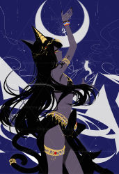 Rule 34 | 1girl, animal ears, ankh, arm up, armlet, artist name, bad id, bad pixiv id, bare arms, bare shoulders, black hair, black nails, black skirt, blue background, bracelet, cat ears, commentary, cowboy shot, crescent, dark-skinned female, dark skin, egyptian, from side, highres, jewelry, long hair, midriff, nail polish, original, profile, sheya, side slit, signature, skirt, solo, standing, symbol-only commentary, thighlet, very long hair, yellow eyes