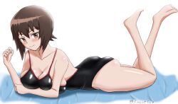 Rule 34 | 1girl, ass, blush, breasts, brown eyes, brown hair, cleavage, cube (huidama), girls und panzer, large breasts, looking at viewer, lying, nishizumi maho, on stomach, one-piece swimsuit, short hair, solo, swimsuit