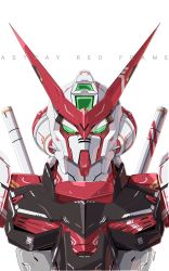 Rule 34 | absurdres, azzalea, beam saber, character name, commentary, english commentary, green eyes, gundam, gundam astray red frame, gundam seed, gundam seed astray, highres, holstered, looking at viewer, mecha, no humans, robot, solo, upper body, v-fin, white background