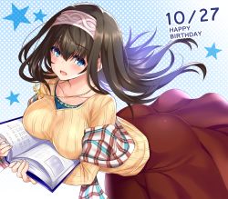 Rule 34 | 1girl, :d, birthday, black hair, blue eyes, blush, book, book on breasts, breasts, dated, hairband, highres, holding, holding book, idolmaster, idolmaster cinderella girls, jewelry, large breasts, leaning forward, long hair, looking at viewer, natsu (nattiyann), necklace, open mouth, pendant, polka dot, polka dot background, ribbed sweater, sagisawa fumika, shawl, smile, sweater