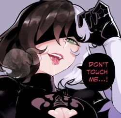 Rule 34 | 1girl, 2b (nier:automata), 2b (nier:automata) (cosplay), black gloves, black hair, breasts, cleavage, cleavage cutout, clothing cutout, cosplay, english text, eyepatch, gloves, green eyes, grey background, hand up, heart, heart-shaped pupils, looking at viewer, multicolored hair, name connection, nier:automata, nier (series), nyantcha, one eye covered, original, saliva, seductive smile, simple background, smile, solo, split-color hair, symbol-shaped pupils, tongue, tongue out, yorra villeneuve (nyantcha)