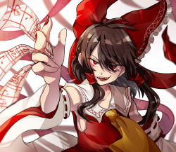 Rule 34 | 1girl, ahoge, armpits, ascot, bare shoulders, bow, brown hair, collared shirt, detached sleeves, evil smile, fighting stance, floating hair, frilled bow, frills, hair bow, hair tubes, hakurei reimu, highres, looking at viewer, medium hair, nail polish, ofuda, open mouth, red bow, red eyes, red ribbon, red shirt, ribbon, ribbon-trimmed sleeves, ribbon trim, shirt, sleeveless, sleeveless shirt, smile, touhou, uchisaki himari, upper body, yellow ascot