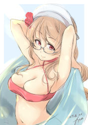 Rule 34 | 1girl, armpits, bespectacled, bikini, breasts, brown eyes, brown hair, cleavage, commentary request, criss-cross halter, dated, flower, fyuo, glasses, hair flower, hair ornament, halterneck, headdress, highres, kantai collection, large breasts, littorio (kancolle), long hair, looking at viewer, navel, one-hour drawing challenge, ponytail, red bikini, solo, swimsuit, upper body, wavy hair