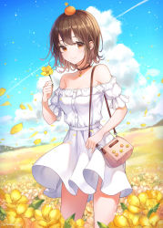 Rule 34 | 1girl, artist name, bag, bare shoulders, blue sky, breasts, brown eyes, brown hair, choker, cleavage, closed mouth, cloud, cloudy sky, collarbone, contrail, day, dress, flower, food, food on head, fruit on head, highres, holding, holding flower, looking at viewer, meadow, medium breasts, object on head, off-shoulder dress, off shoulder, original, petals, short hair, short sleeves, shoulder bag, sky, smile, solo, soyubee, sparkle, standing, white dress, yellow flower