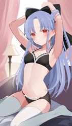 Rule 34 | 1girl, absurdres, armpits, arms up, black bow, black bra, black panties, blue hair, blush, bow, bra, breasts, closed mouth, couch, curtains, demon girl, hair bow, highres, indoors, lace, lace-trimmed bra, lace trim, lamp, len (tsukihime), light frown, lingerie, long hair, looking at viewer, navel, on couch, panties, parted bangs, pointy ears, red eyes, rrr gns (riuriu 1212), sitting, small breasts, solo, thighhighs, tsukihime, underwear, underwear only, wariza, white thighhighs, window