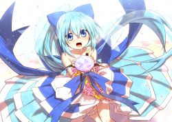 Rule 34 | 1girl, bare shoulders, blue dress, blue eyes, blue hair, blue ribbon, blush, bouquet, bow, dress, flower, flower knight girl, hair between eyes, hair bow, layered dress, long hair, looking at viewer, mizunashi (second run), nerine (flower knight girl), open mouth, ponytail, ribbon, smile, solo