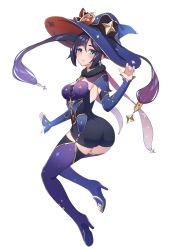 Rule 34 | 1girl, absurdres, artist request, ass, blue eyes, blush, boots, breasts, cape, detached sleeves, earrings, from behind, genshin impact, hair ornament, hair ribbon, hat, high heel boots, high heels, highres, jewelry, long hair, looking at viewer, medium breasts, mona (genshin impact), purple hair, ribbon, shiny skin, short shorts, shorts, solo, thigh boots, thighhighs, twintails, unitard, very long hair