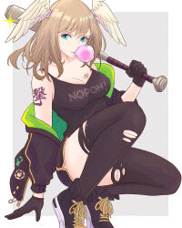 Rule 34 | 1girl, absurdres, aqua eyes, bare shoulders, baseball bat, black footwear, black gloves, black tank top, black thighhighs, breasts, brown hair, blowing bubbles, cleavage, clothes writing, commentary, eunie (xenoblade), gloves, head wings, highres, holding, holding baseball bat, large breasts, long hair, looking at viewer, off shoulder, shoes, shoulder tattoo, sneakers, solo, squatting, tank top, tattoo, thighhighs, thighs, torn clothes, torn thighhighs, truejekart, wings, xenoblade chronicles (series), xenoblade chronicles 3