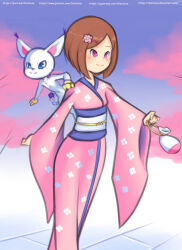 Rule 34 | 1girl, animal, animal on shoulder, bag, blue eyes, blush, brown hair, cat, cat on shoulder, cherry blossoms, digimon, digimon adventure, drantyno, floral print, flower, hair flower, hair ornament, holding, japanese clothes, kimono, long sleeves, obi, pink eyes, pink kimono, print kimono, sash, short hair, sky, smile, tail, tail ornament, tail ring, tailmon, tree, walking, white fur, wide sleeves, yagami hikari