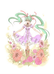 Rule 34 | 1girl, boots, daisy, dress, female focus, flower, green eyes, green hair, hair ribbon, hatsune miku, knee boots, long hair, matching hair/eyes, matumisa, microphone, microphone stand, nature, ribbon, rose, smile, solo, twintails, very long hair, vocaloid, white background