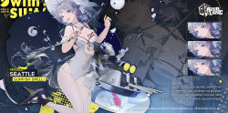 Rule 34 | 1girl, :d, azur lane, bare shoulders, blush, body writing, breasts, cleavage, closed mouth, commentary, english commentary, english text, fish, flippers, food, fruit, grey hair, grey headwear, grey one-piece swimsuit, grey pantyhose, hair ornament, hat, highres, innertube, lemon, lifebuoy, long hair, looking at viewer, medium breasts, multiple views, nineo, official alternate costume, official art, one-piece swimsuit, open mouth, palm tree, pantyhose, pantyhose under swimsuit, seattle (azur lane), seattle (sunfish spell!) (azur lane), smile, swim ring, swimsuit, tree, turret, underwater, wand, water, witch hat, zoom layer