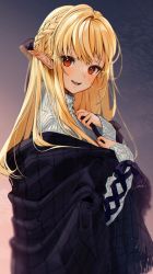 Rule 34 | 1girl, blanket, blonde hair, blush, braid, commentary request, dark-skinned female, dark skin, elf, from side, gotou (nekocat), highres, hololive, long hair, long sleeves, looking at viewer, looking to the side, multicolored hair, nail polish, open mouth, pointy ears, red eyes, red nails, shiranui flare, smile, solo, streaked hair, sweater, teeth, turtleneck, turtleneck sweater, upper body, upper teeth only, virtual youtuber, white sweater