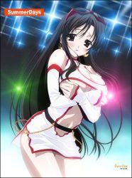 Rule 34 | 00s, 0verflow, 1girl, belt, black hair, blush, breast hold, breasts, cleavage, cleavage cutout, clothing cutout, detached sleeves, earrings, covered erect nipples, huge breasts, jewelry, katsura kotonoha, leaning forward, long hair, midriff, miniskirt, open mouth, school days, skirt, solo, summer days, sunglasses