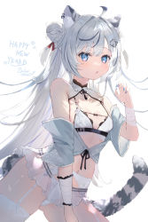 Rule 34 | 1girl, ahoge, animal ear fluff, animal ears, bandaged arm, bandages, bare shoulders, black hair, blue eyes, blue nails, bra, breasts, commentary request, cowboy shot, detached collar, double bun, garter belt, hair bun, hair ribbon, happy new year, looking at viewer, microskirt, multicolored hair, nail polish, navel, new year, omelet tomato, original, panties, parted lips, ribbon, see-through, see-through skirt, short sleeves, signature, silver hair, simple background, skirt, small breasts, solo, streaked hair, tail, thighhighs, tiger ears, tiger girl, tiger tail, underwear, white background, white bra, white panties, white thighhighs