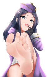 Rule 34 | 1girl, barefoot, blue eyes, feet, finger to mouth, foot focus, hat, highres, long hair, looking at viewer, luchika (monster hunter), monster hunter (series), open mouth, soles, toes