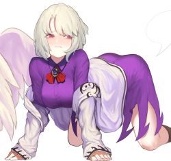 Rule 34 | 1girl, all fours, ass, bad id, bad twitter id, black socks, blush, bow, bowtie, breasts, brooch, commentary, dress, feathered wings, feet out of frame, grey jacket, heoningu, highres, jacket, jewelry, kishin sagume, kneehighs, long sleeves, looking at viewer, medium breasts, nose blush, off shoulder, open clothes, open jacket, purple dress, red bow, red bowtie, red eyes, short hair, silver hair, simple background, single wing, socks, solo, symbol-only commentary, thighs, touhou, white background, white wings, wings