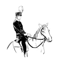 Rule 34 | 1boy, chengongzi123, closed mouth, golden kamuy, greyscale, hat feather, highres, holding, holding reins, horse, horseback riding, jacket, koito otonoshin, long sleeves, looking at viewer, male focus, military uniform, monochrome, pants, reins, riding, short hair, simple background, sitting, smile, uniform, very short hair, white background
