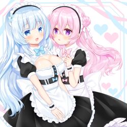 Rule 34 | 2girls, :d, :o, apron, black dress, blue eyes, blue hair, breasts, cleavage, colored eyelashes, commission, double bun, dress, frilled apron, frilled dress, frills, hair between eyes, hair bun, hair ornament, hand up, heart, highres, large breasts, long hair, maid, maid headdress, multiple girls, open mouth, original, parted lips, pink hair, pleated dress, puffy short sleeves, puffy sleeves, purple eyes, shikito (yawa0w0), short sleeves, skeb commission, smile, snowflake hair ornament, very long hair, white apron, white background, wrist cuffs
