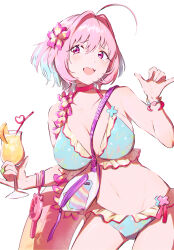 Rule 34 | 1girl, absurdres, ahoge, bangle, bare shoulders, between breasts, bikini, blue bikini, bracelet, breasts, choker, clothes writing, collarbone, crazy straw, cup, drinking straw, english text, fang, fanny pack, flower, food, frilled bikini, frills, fruit, groin, hair between eyes, hair flower, hair intakes, hair ornament, hamachamu, heart straw, highres, holding, holding cup, idolmaster, idolmaster cinderella girls, jewelry, large breasts, leaning to the side, looking at viewer, multicolored hair, navel, official alternate costume, open mouth, orange (fruit), orange slice, pink choker, pink eyes, pink flower, pink hair, raised eyebrows, ring, skin fang, solo, swimsuit, thighs, two-tone hair, yumemi riamu