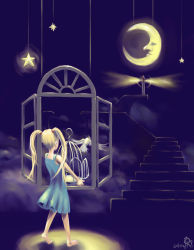 Rule 34 | 1girl, barefoot, bird, blonde hair, cage, crescent moon, dress, lighthouse, long hair, moon, night, original, phi lin, solo, star (symbol), twintails, window