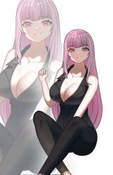 Rule 34 | 1girl, bare shoulders, black pants, black shirt, blunt bangs, breasts, cleavage, collarbone, dot nose, feet out of frame, highres, hololive, hololive english, large breasts, long hair, looking at viewer, mori calliope, nekkutow, official alternate costume, pants, pink eyes, pink hair, shirt, sidelocks, smile, very long hair, virtual youtuber, white background, zoom layer