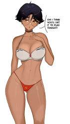 Rule 34 | 1girl, absurdres, arm behind back, bare arms, bare shoulders, bikini, black choker, black hair, breasts, brown eyes, choker, cleavage, commentary, contrapposto, cowboy shot, dark-skinned female, dark skin, datli64, earrings, english commentary, english text, glasses, gluteal fold, hair between eyes, hand on own chest, highres, jewelry, large breasts, looking at viewer, mole, mole on thigh, mole under eye, navel, original, parted lips, red bikini, ringed eyes, round eyewear, short hair, simple background, solo, stomach, string bikini, swimsuit, white background, white bikini