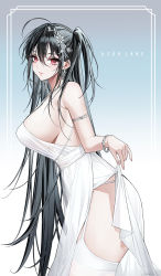 Rule 34 | 1girl, absurdres, ass, azur lane, backless dress, backless outfit, black hair, blue background, breasts, closed mouth, clothes lift, copyright name, cowboy shot, dress, dress lift, earrings, evening gown, from side, garter straps, hair ornament, halter dress, halterneck, highres, hiya 0, huge breasts, jewelry, lifting own clothes, long hair, looking at viewer, official alternate costume, plunging neckline, red eyes, see-through, see-through dress, sideboob, simple background, skirt hold, sleeveless, sleeveless dress, solo, taihou (azur lane), taihou (temptation on the sea breeze) (azur lane), thighhighs, thighs, very long hair, wedding dress, white dress, white thighhighs