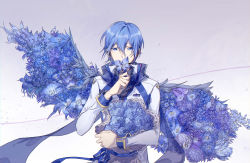 Rule 34 | 1boy, blue eyes, blue flower, blue hair, blue rose, bouquet, commentary, covering own mouth, flower, flower to mouth, flower wings, hair between eyes, hand up, headset, highres, holding, holding bouquet, holding flower, jacket, kaito (vocaloid), kaito (vocaloid3), looking at viewer, male focus, nail polish, rose, scarf, short hair, solo, symbol-only commentary, upper body, vocaloid, wings, wrist cuffs, ziling