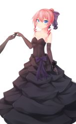 Rule 34 | 1girl, 1other, black dress, black gloves, blue eyes, breasts, cleavage, closers, dress, drill hair, elbow gloves, gloves, highres, npt shizuka, pink hair, seulbi lee, sideboob, simple background, small breasts, strapless, strapless dress, white background