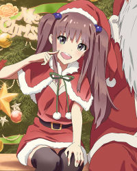 Rule 34 | 10s, 1boy, 1girl, :d, age difference, beads, beard, belt, black thighhighs, blush, breasts, brown hair, capelet, caplet, christmas, christmas ornaments, christmas tree, cleavage, cleavage cutout, clothing cutout, cowboy shot, english text, facial hair, finger to cheek, flower, fur trim, glint, green eyes, grey hair, hair bobbles, hair ornament, hand on own knee, hat, head tilt, long hair, looking at viewer, merry christmas, official art, okamoto miyu, old, old man, open mouth, pants, pencil skirt, pom pom (clothes), ribbon, santa claus, santa costume, santa hat, sidelocks, sitting, skirt, small breasts, smile, solo focus, star (symbol), thighhighs, tree, twintails, wake up girls!, wake up girls! stage no tenshi, zettai ryouiki