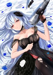 Rule 34 | 1girl, absurdres, bare shoulders, black dress, black pantyhose, blue flower, blue hair, blue rose, blush, breasts, cleavage, collarbone, commentary, dress, flower, girls&#039; frontline, gun, handgun, highres, holding, holding gun, holding weapon, knife, long hair, looking at viewer, lying, medium breasts, nail polish, nakaryo0404, official alternate costume, on back, open mouth, pantyhose, petals, red eyes, red nails, rifle-caliber handgun, rifle-caliber pistol, rose, scar, scar on arm, simple background, solo, thunder (black swan&#039;s dream) (girls&#039; frontline), thunder (girls&#039; frontline), torn clothes, torn pantyhose, triple action thunder, upper body, weapon