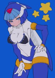 Rule 34 | 1girl, absurdres, android, bikini, bikini top only, black bikini, blue background, blue eyes, blush, bodysuit, breasts, buzzlyears, collarbone, covered navel, fairy leviathan (mega man), forehead jewel, helmet, highres, large breasts, looking at viewer, mega man (series), mega man zero (series), robot girl, simple background, solo, swimsuit, white bodysuit