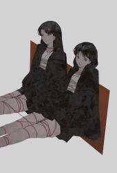 Rule 34 | 2girls, absurdres, bare legs, black eyes, black hair, black jacket, black skirt, bound, closed mouth, feet out of frame, grey background, highres, jacket, long hair, long sleeves, multiple girls, original, shirt, simple background, sitting, skirt, string, tied up (nonsexual), tuoer, white shirt