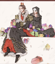 Rule 34 | +++, 2boys, annoyed, black hair, box, closed mouth, covered face, crossed arms, emet-selch, epaulettes, final fantasy, final fantasy xiv, gift, gift box, gloves, highres, hythlodaeus, long coat, mask, multiple boys, sitting, smile, sophist&#039;s robe (ff14), sweatdrop, tladpwl03, white gloves