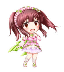 Rule 34 | 10s, 1girl, :d, ankle lace-up, chibi, cross-laced footwear, detached sleeves, flower, flower necklace, hair flower, hair ornament, highres, idolmaster, idolmaster cinderella girls, jewelry, kuena, necklace, ogata chieri, open mouth, red eyes, red hair, sandals, short hair, side ponytail, simple background, smile, solo