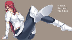Rule 34 | 1girl, arm support, armor, atlus, blush, breasts, cosplay, crossed legs, darabuchi, el shaddai, english text, enoch, enoch (cosplay), foreshortening, hair over one eye, kirijou mitsuru, large breasts, legs, long hair, persona, persona 3, red eyes, red hair, simple background, sitting, solo
