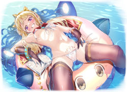 Rule 34 | 1girl, areola slip, armpits, bikini, blonde hair, blunt bangs, blush, breasts, cagliostro (granblue fantasy), cameltoe, cape, covered erect nipples, crown, day, front-tie bikini top, front-tie top, gold trim, granblue fantasy, half-closed eyes, highres, innertube, long hair, looking at viewer, lying, niko (tama), on back, outdoors, pubic tattoo, purple eyes, side-tie bikini bottom, small breasts, smile, solo, spread legs, swim ring, swimsuit, tattoo, very long hair, vyrn (granblue fantasy), water, wet, white bikini