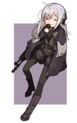 Rule 34 | 1girl, ak-12, ak-12 (girls&#039; frontline), amonitto, assault rifle, belt, black footwear, black gloves, black pantyhose, black shirt, black shorts, boots, buckle, closed eyes, closed mouth, full body, girls&#039; frontline, gloves, grey hair, gun, hand up, holding, holding gun, holding weapon, jacket, jacket on shoulders, kalashnikov rifle, long hair, long sleeves, pantyhose, partially fingerless gloves, pouch, rifle, shirt, shorts, smile, snap-fit buckle, solo, weapon