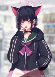 Rule 34 | 1girl, animal ears, artist name, black choker, black hair, black jacket, blue archive, blurry, blurry background, blush, bow, box, cat ears, choker, colored inner animal ears, colored inner hair, commentary, depth of field, embarrassed, extra ears, flying sweatdrops, gift, gift box, green sailor collar, halo, hand in pocket, hand up, highres, hood, hood down, hooded jacket, jacket, kazusa (blue archive), kogasaka, long sleeves, looking at viewer, multicolored hair, neckerchief, open mouth, pink hair, pink halo, pink neckerchief, pov, puffy long sleeves, puffy sleeves, red eyes, sailor collar, short hair, sleeves past wrists, sweat, two-tone hair, upper body, white bow