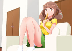 Rule 34 | 1girl, absurdres, armchair, brown eyes, brown hair, casual, chair, commentary, food, food in mouth, green skirt, healin&#039; good precure, highres, hiramitsu hinata, holding, holding food, holding popsicle, indoors, legs up, looking at viewer, medium hair, miniskirt, on chair, on kazu, panties, pantyshot, popsicle, popsicle in mouth, precure, short sleeves, sitting, skirt, socks, solo, sweat, twintails, underwear, white panties, white socks