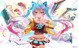 Rule 34 | 1girl, 39, aqua eyes, aqua hair, artist name, belt, black choker, black shirt, bracelet, choker, collarbone, commentary request, drum, electric guitar, fingerless gloves, floating hair, gloves, gradient hair, guitar, hair between eyes, hatsune miku, headphones, headset, highres, instrument, jewelry, keyboard (instrument), long hair, looking at viewer, midriff, multicolored hair, nail polish, navel, off-shoulder shirt, off shoulder, pink hair, qys3, record, revision, shirt, single glove, skirt, smile, solo, speaker, t-shirt, thighhighs, thighs, twintails, very long hair, vocaloid