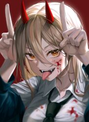 Rule 34 | 1girl, absurdres, akgrn, blonde hair, blood, blood on face, chainsaw man, collarbone, collared shirt, film grain, hair between eyes, highres, horns, necktie, portrait, power (chainsaw man), red background, sharp teeth, shirt, solo, teeth, tongue, tongue out