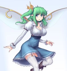 Rule 34 | 1girl, :o, alternate costume, arm belt, blue eyes, blue skirt, boots, breasts, cleavage, daiyousei, fairy wings, fingernails, garter straps, green hair, hair ribbon, hater (hatater), high-waist skirt, highres, juliet sleeves, knee boots, large breasts, long fingernails, long hair, long sleeves, looking at viewer, meme attire, open mouth, perky breasts, pointy ears, puffy sleeves, revision, ribbon, shirt, side ponytail, simple background, skirt, solo, thighhighs, touhou, virgin killer outfit, white shirt, white thighhighs, wings, worried