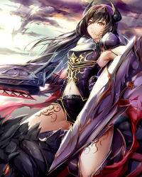Rule 34 | 10s, 1girl, armor, armored dress, black hair, commentary request, draph, eyebrows, forte (shingeki no bahamut), granblue fantasy, hair between eyes, highres, holding, holding weapon, horns, long hair, navel, polearm, red eyes, shuffle (songdatiankong), solo, stomach, weapon