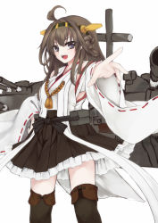 Rule 34 | 10s, 1girl, ahoge, bare shoulders, blush, boots, breasts, brown hair, detached sleeves, hair ornament, hairband, headgear, japanese clothes, kantai collection, kongou (kancolle), long hair, looking at viewer, medium breasts, outstretched arm, personification, simple background, skirt, smile, solo, thigh boots, thighhighs, utakata (kochou no yume), white background, wide sleeves, zettai ryouiki