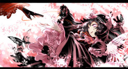 Rule 34 | 2girls, alternate color, black dress, black gloves, black hair, bug, butterfly, cherry blossoms, dress, gloves, hat, bug, letterboxed, long sleeves, multiple girls, open mouth, outstretched arm, outstretched hand, pink eyes, red dress, saigyouji yuyuko, shigureru, smile, string, string of fate, touhou, triangular headpiece, veil, wide sleeves, yakumo yukari