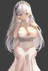 Rule 34 | 1girl, absurdres, bad id, bad twitter id, bare shoulders, blue eyes, breasts, cleavage, closed mouth, collarbone, covered navel, dampi, dark background, dress, hand on own chest, hand on own face, highres, large breasts, long hair, looking at viewer, original, silver hair, simple background, sitting, sleeveless, sleeveless dress, smile, solo, tiara, white dress