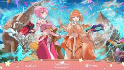 Rule 34 | 2girls, alternate costume, architecture, blush, breasts, cleavage, cloud, earrings, feather earrings, feathers, holding, hololive, hololive english, jewelry, large breasts, long hair, looking at viewer, mori calliope, multicolored hair, multiple girls, official art, open mouth, orange hair, pink hair, red eyes, smile, takanashi kiara, temple, thai clothes, thailand, virtual youtuber