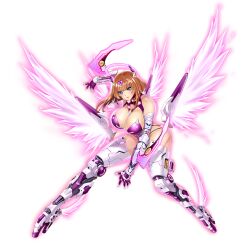 Rule 34 | 1girl, action taimanin, alternate hairstyle, aoi nagisa (metalder), breasts, brown hair, cleavage, curvy, highres, koukawa asuka, large breasts, leotard, lilith-soft, looking at viewer, medium hair, official alternate costume, official art, revealing clothes, shiny clothes, shiny skin, smile, solo, taimanin (series), taimanin rpgx, taimanin suit, thong leotard, weapon, wide hips, wings