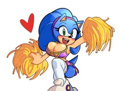 Rule 34 | 1girl, :d, animal ears, blue hair, blush stickers, breasts, cheerleader, cleavage, cuisine, furry, furry female, genderswap, genderswap (mtf), green eyes, hairband, heart, looking at viewer, open mouth, pom pom (cheerleading), skirt, smile, solo, sonic (series), sonic the hedgehog, tagme, thighhighs, transparent background